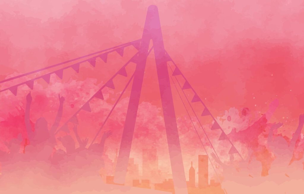 Hintergrundbild für das Schöneweider Brückenfest in pastelligen Pink, Orange und Gelb tönen